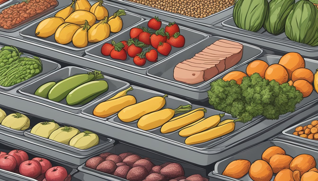 Various fruits, vegetables, and meats laid out on dehydrator trays, with the machine running in the background