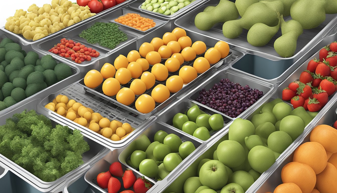 Assorted fruits and vegetables laid out on trays in a food dehydrator, with warm air circulating around them