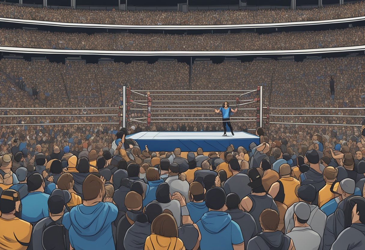 AJ Styles' wrestling gear lies abandoned in the ring, surrounded by a crowd of cheering fans. The wrestler himself is nowhere to be seen, leaving behind a sense of mystery and anticipation