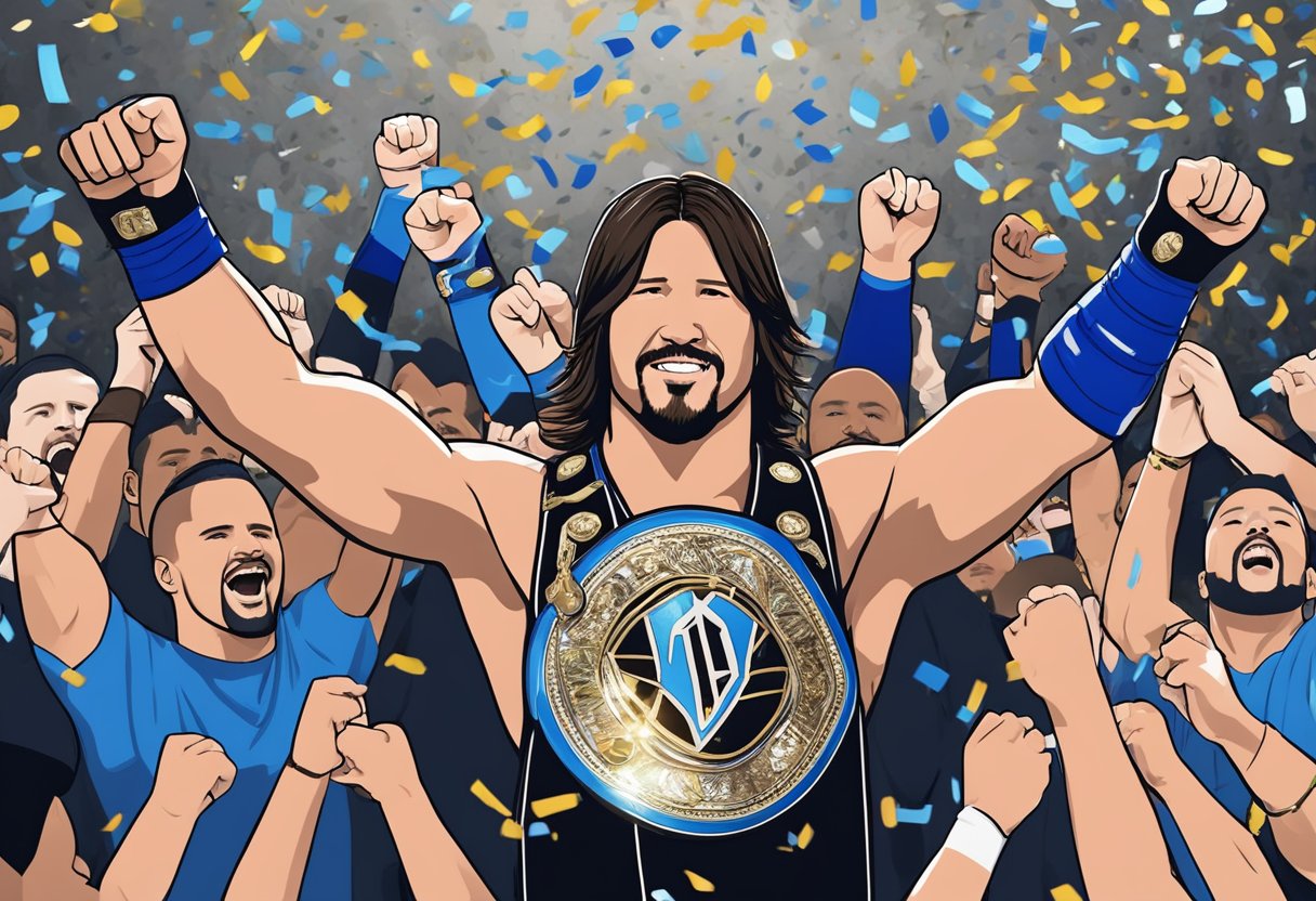 AJ Styles holding championship belts, surrounded by cheering fans and confetti