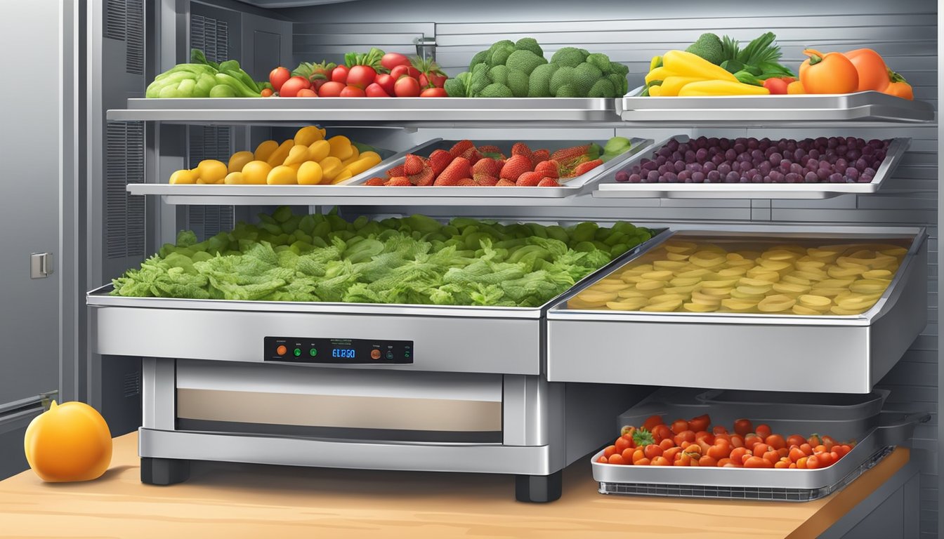 Fresh fruits and vegetables laid out on dehydrator trays, with the dehydrator machine set up in a well-ventilated, clean kitchen environment