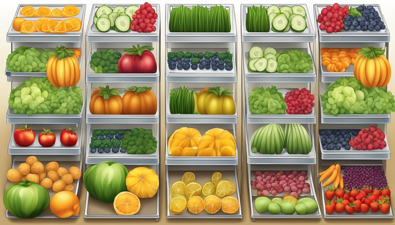 Fresh fruits and vegetables arranged on dehydrator trays, with the machine set to the recommended temperature and time for optimal dehydration