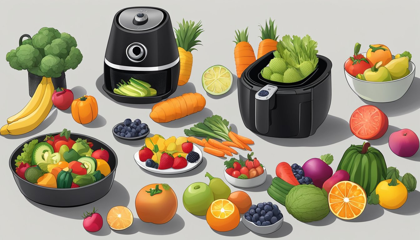 Assorted fruits and vegetables arranged around a ninja air fryer, with the machine set to dehydrate mode and emitting warm air