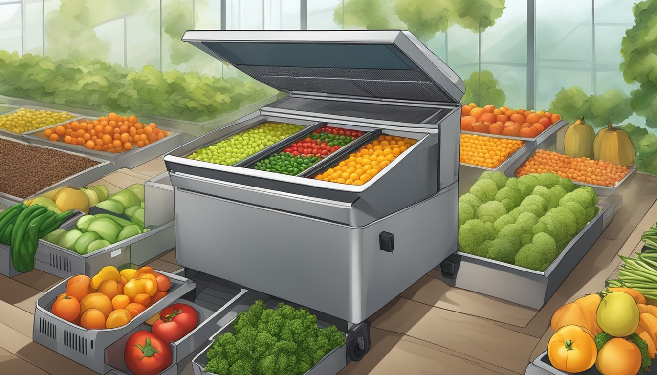 Fresh fruits and vegetables laid out on dehydrator trays, with the machine running and emitting warm air. A compost bin nearby