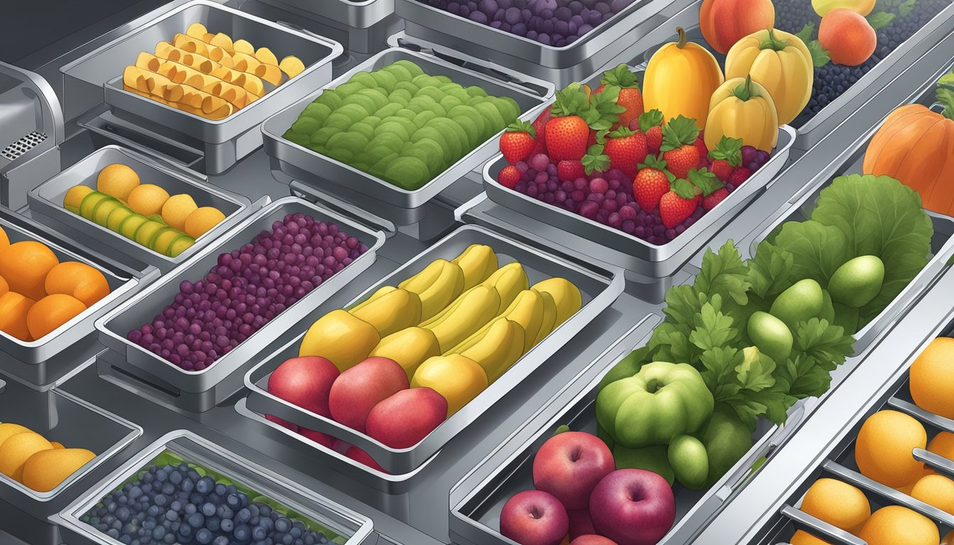 Assorted fruits and vegetables laid out on dehydrator trays, with the machine set to a low temperature and the door closed