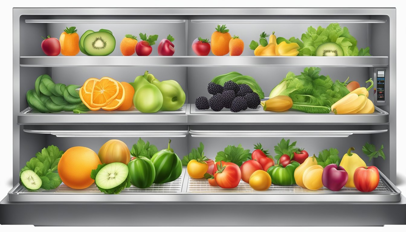 Fresh fruits and vegetables arranged on dehydrator trays, with the machine set to the appropriate temperature and timer for safe and quality dehydration