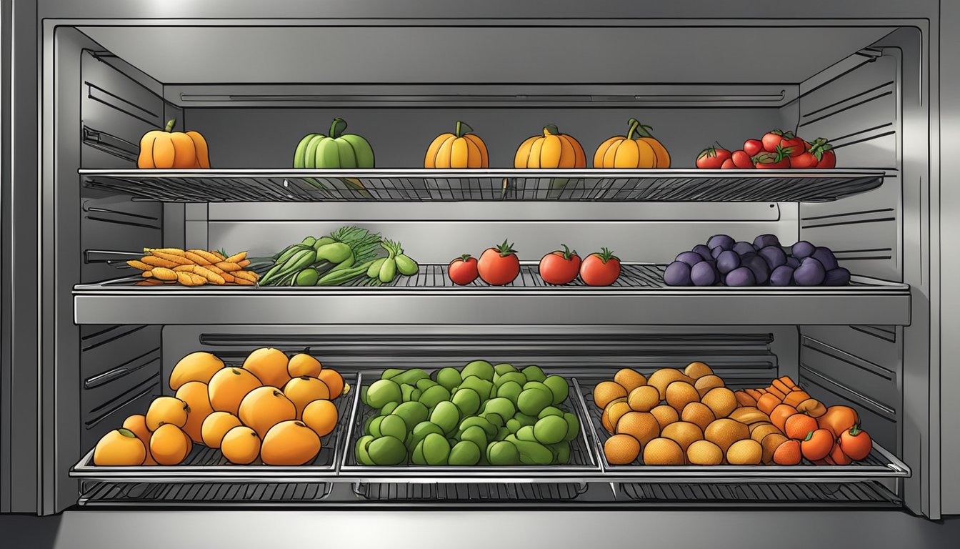 Fresh fruits and vegetables spread out on wire racks inside a convection oven, with warm air circulating to remove moisture