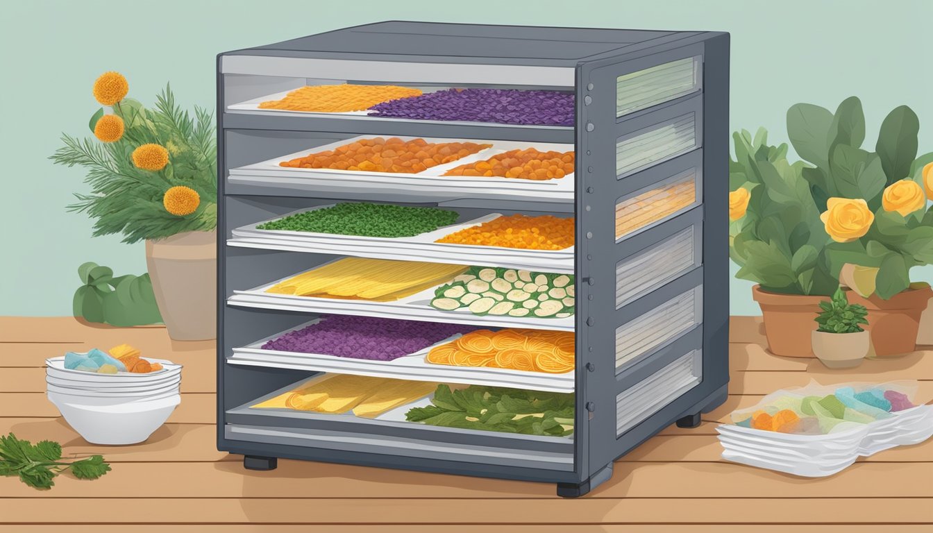 A food dehydrator filled with non-edible items such as flowers, herbs, or craft materials being dried with the machine's trays stacked and the dehydrator plugged in and running