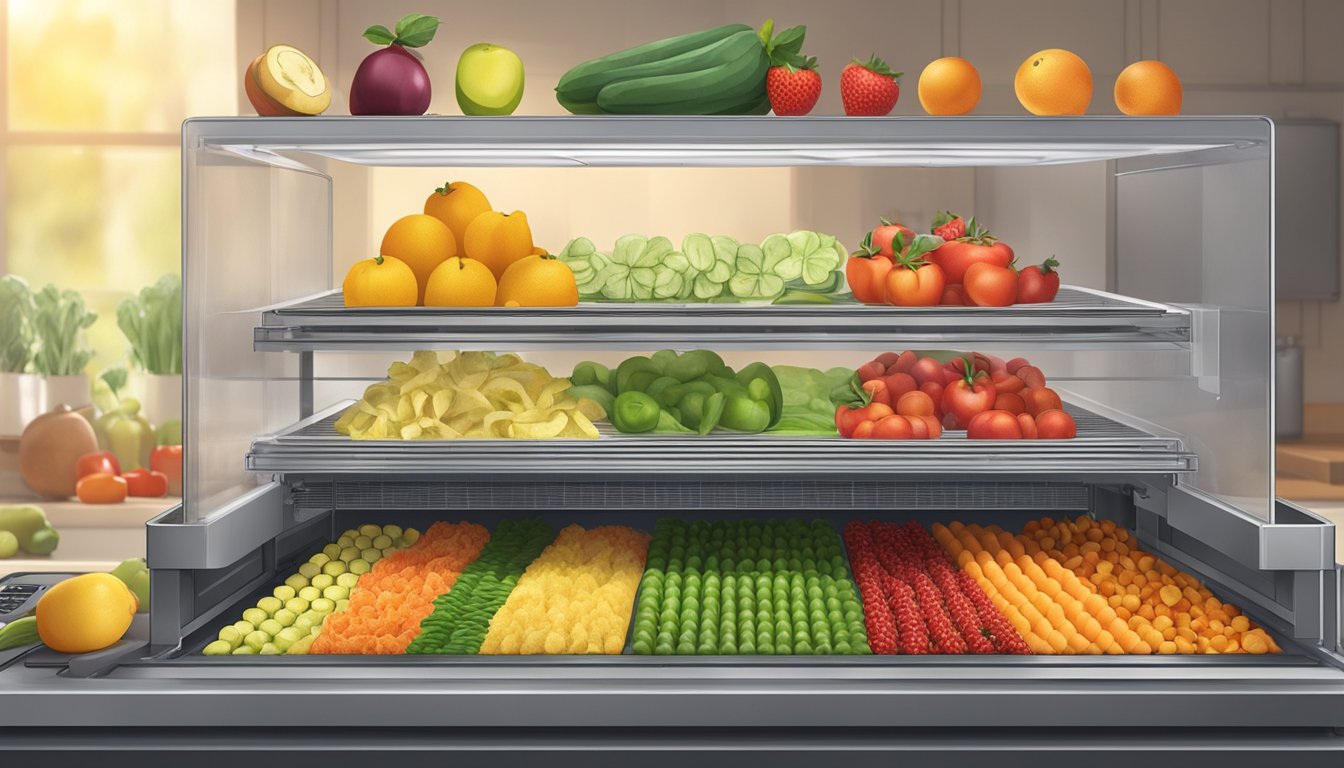 Assorted fruits and vegetables arranged on dehydrator trays, with the machine turned on and emitting warm air