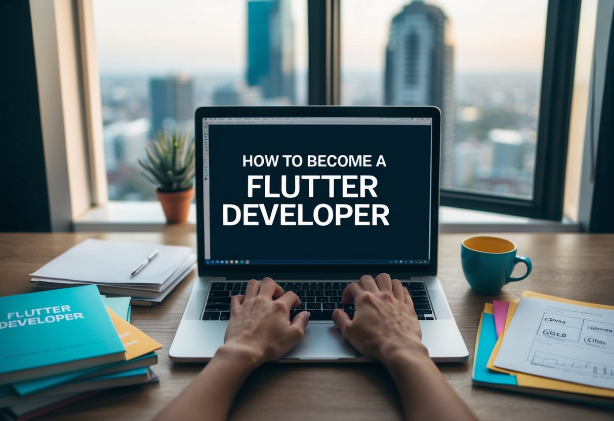 A person typing on a laptop, surrounded by books and papers on how to become a flutter developer. An open window shows a cityscape in the background