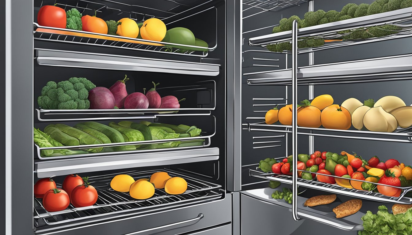 Various fruits, vegetables, and meats laid out on wire racks inside a convection oven. Temperature and timer settings are visible on the oven's control panel