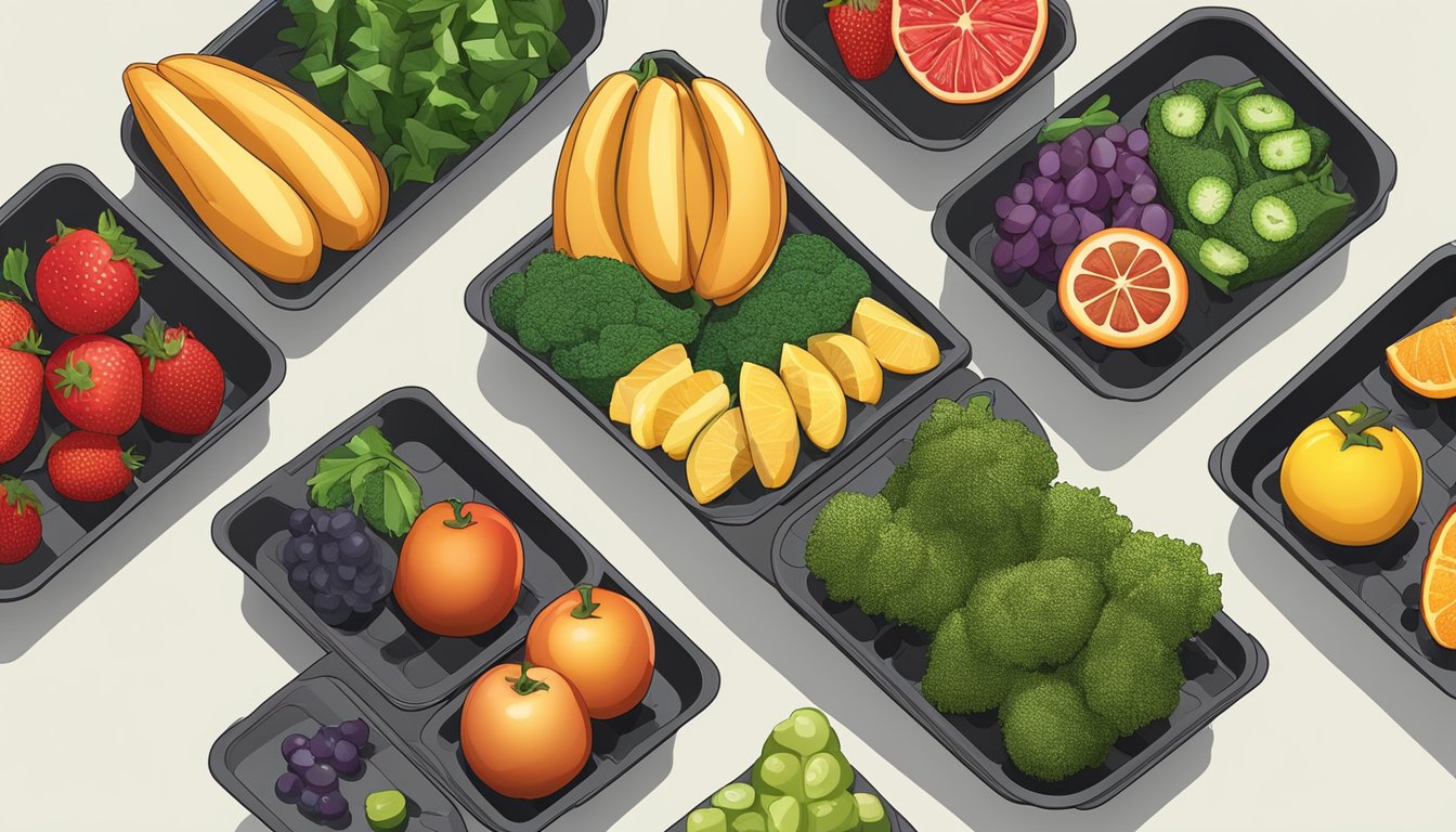 Assorted fruits and vegetables arranged on air fryer trays, with the air fryer set to the dehydrate function