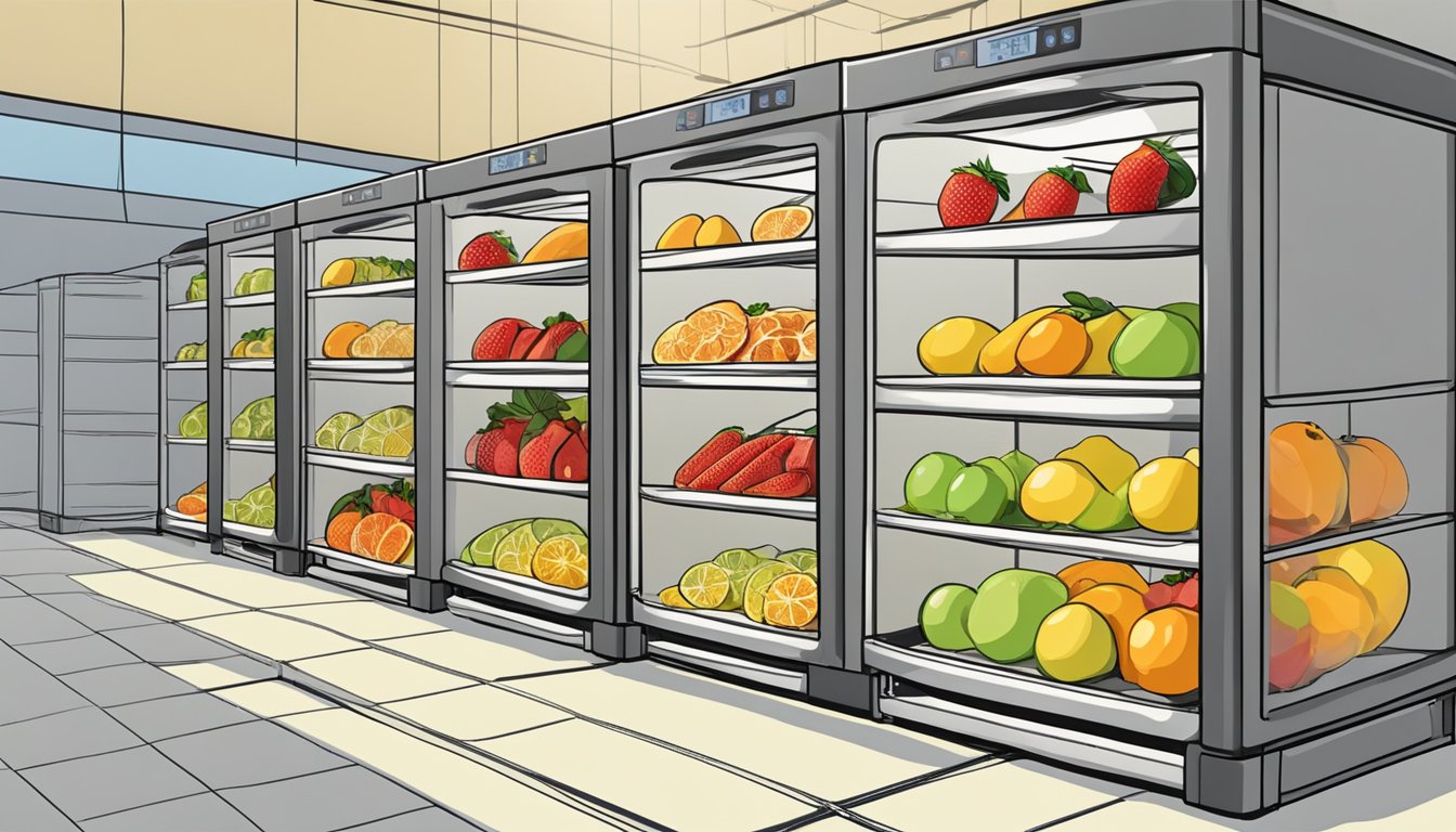 Slices of fruit laid out on wire racks inside a convection oven, with warm air circulating around them to complete the dehydration process