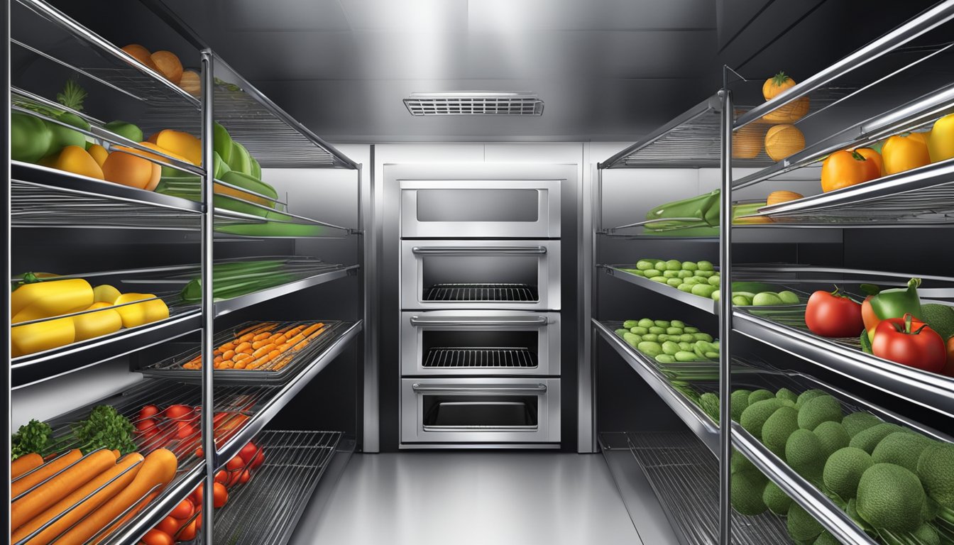 Fresh fruits and vegetables laid out on wire racks inside a convection oven, with the oven door slightly ajar to allow for air circulation