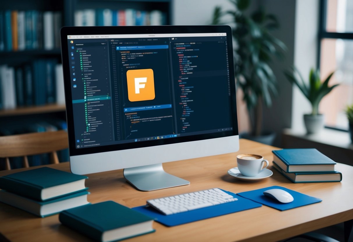 A computer screen showing a code editor with a flutter app project open, surrounded by reference books and a cup of coffee