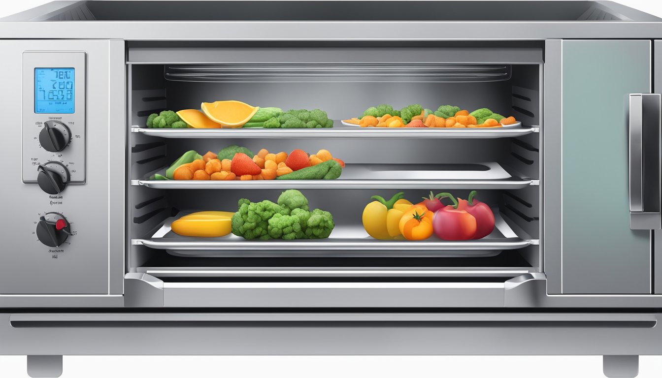 A convection oven with trays of sliced fruits and vegetables, set at a low temperature, with the door slightly ajar for airflow