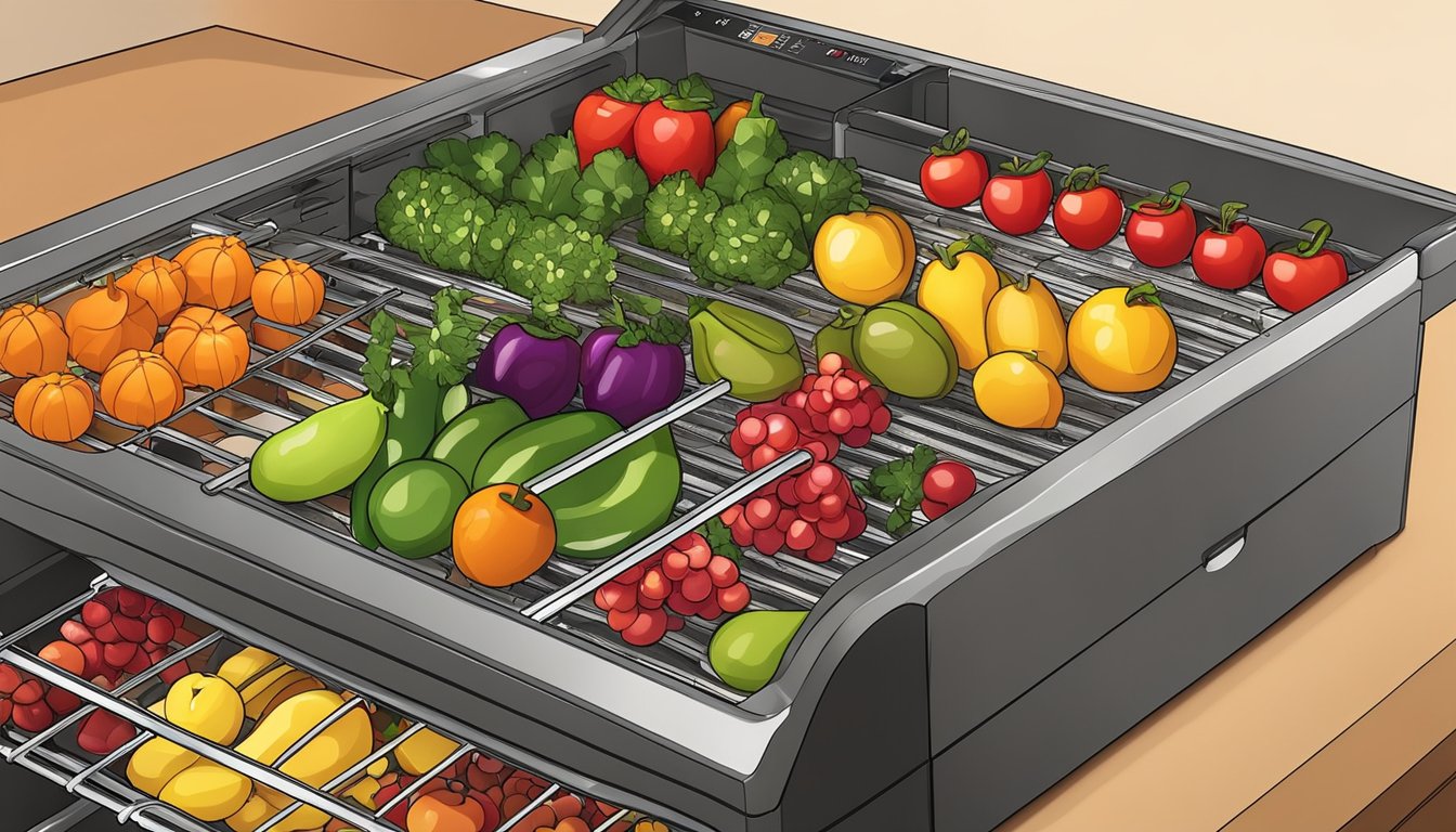 Fresh fruits and vegetables arranged on the dehydrator rack inside a Gourmia air fryer, with the appliance set to the dehydrate function