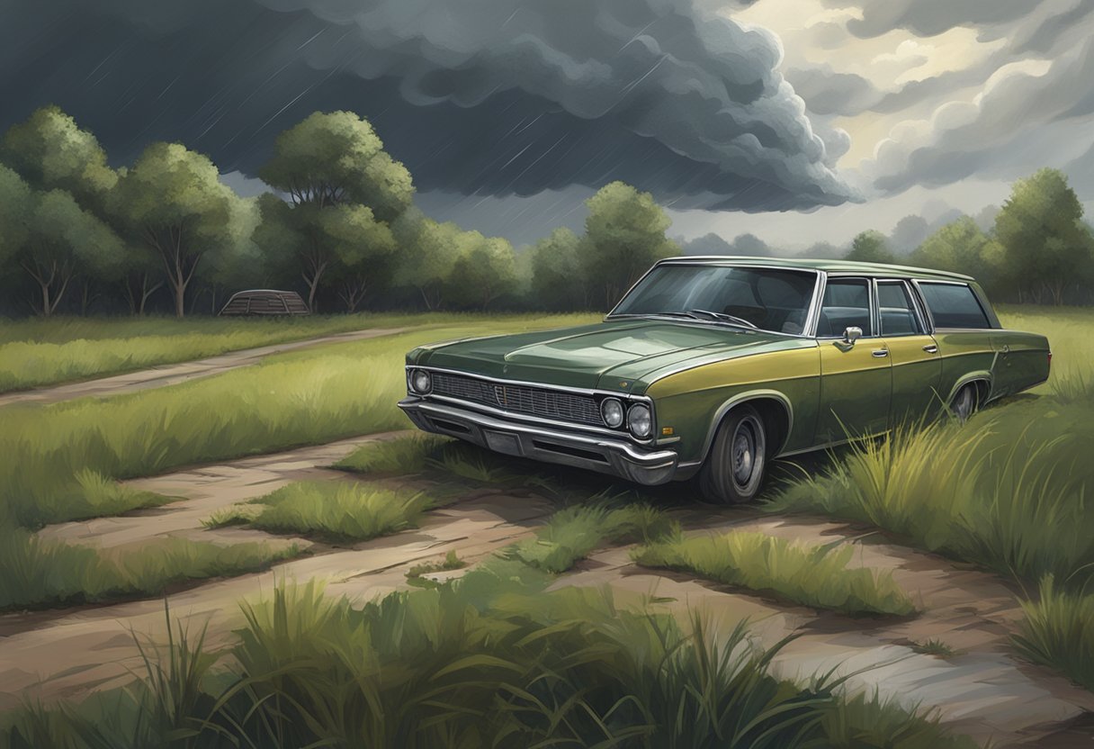 Asonta Gholston's abandoned car sits on the side of a deserted road, surrounded by overgrown grass and ominous storm clouds overhead