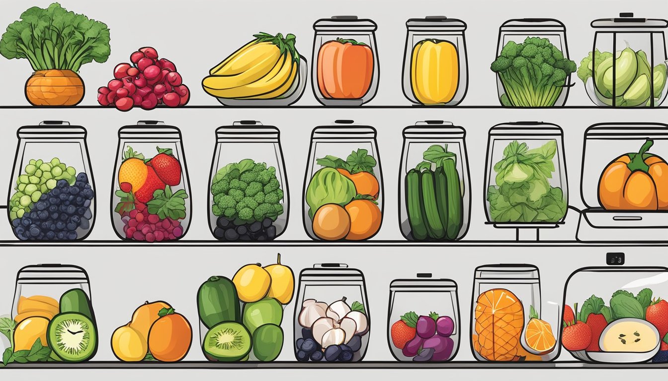 Fresh fruits and vegetables arranged on wire racks inside a Gourmia air fryer, with the temperature and time settings adjusted for dehydration