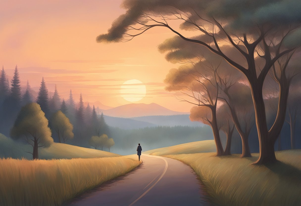 A lone figure stands at a crossroads, surrounded by towering trees and a winding path disappearing into the distance. The sky is filled with soft hues of sunset, casting a warm glow over the scene