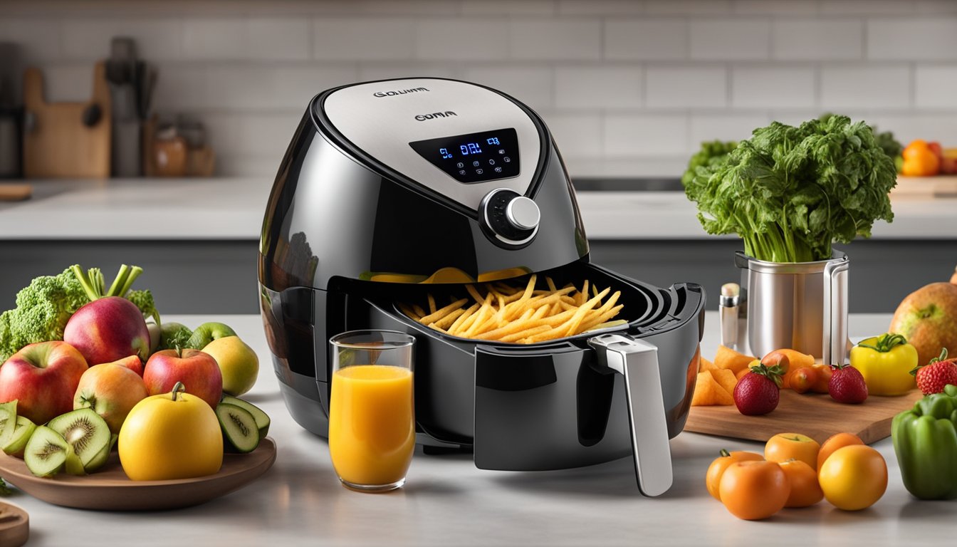 A Gourmia air fryer sits on a kitchen counter, with various fruits and vegetables spread out next to it. The air fryer is turned on and set to the dehydrate function, with the timer counting down