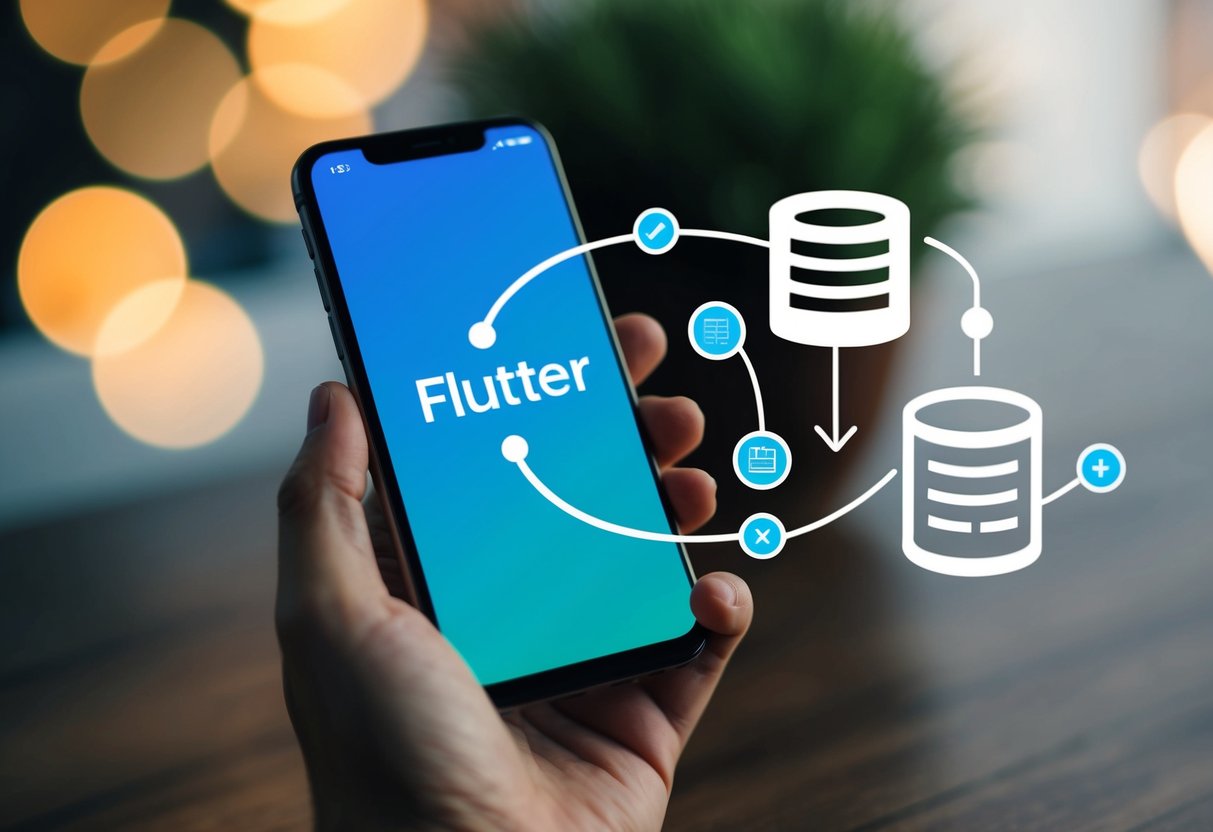 A smartphone with a flutter app interface connected to a database, with data flowing between the app and the database