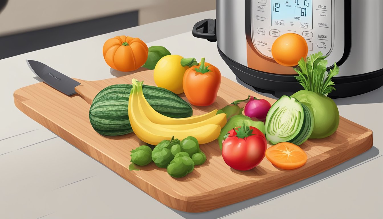 Fresh fruits and vegetables arranged on a cutting board next to an Instant Pot, with a knife and cutting board in the background