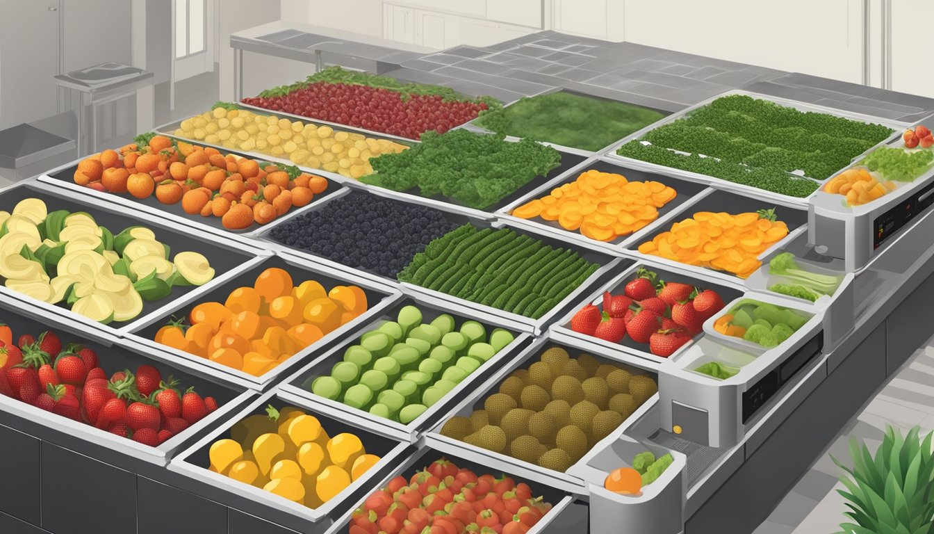 Fresh fruits and vegetables laid out on dehydrator trays, with the dehydrator machine running in the background