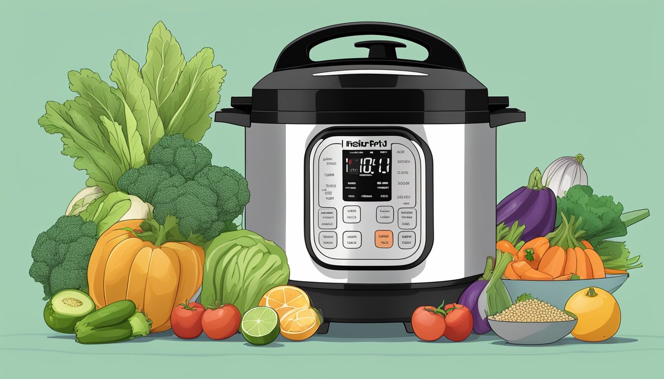 Fresh fruits and vegetables arranged around an Instant Pot, with steam rising from the pot and dehydrated slices placed on a tray nearby