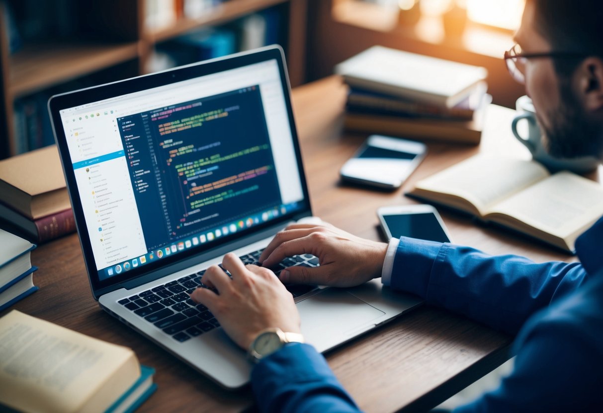 A flutter developer coding on a laptop with a smartphone nearby, surrounded by books and a cup of coffee