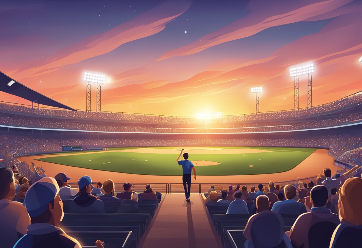 A baseball stadium at sunset, with a lone figure on the field, surrounded by cheering fans and bright stadium lights