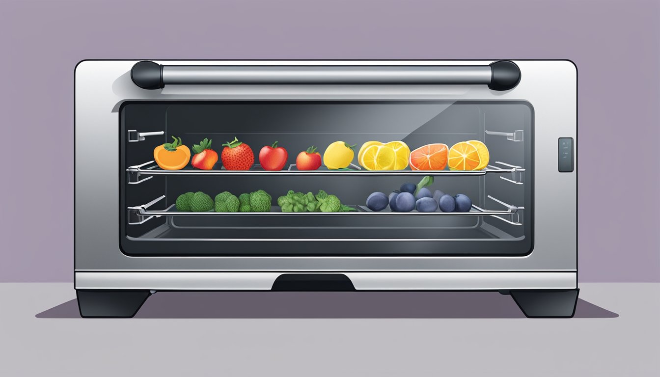 A Breville oven with various fruits and vegetables on trays, set to the dehydration setting