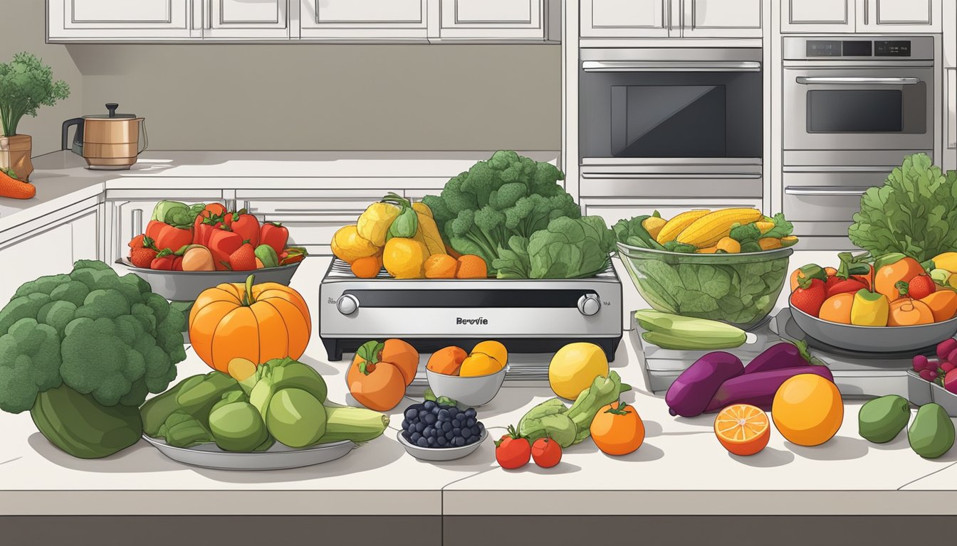 Fresh fruits and vegetables laid out on a clean countertop, a Breville oven set to the dehydrate function, with trays ready to be filled