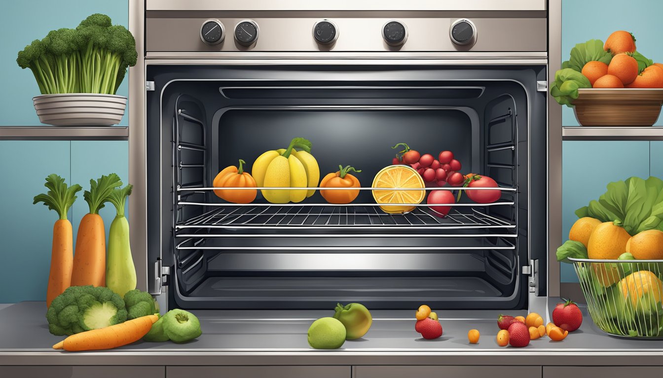 Fresh fruits and vegetables arranged on oven racks, with the oven door open and set to a low temperature for dehydrating