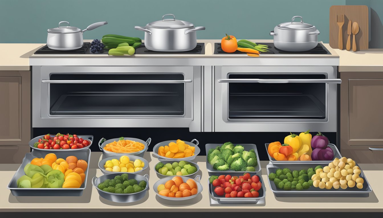 Assorted fruits and vegetables laid out on baking sheets, with oven door open and heat visible