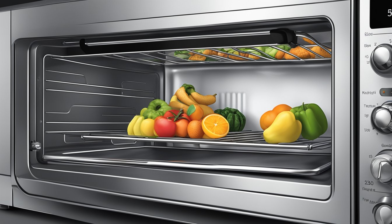 Assorted fruits and vegetables arranged on wire racks inside a toaster oven, with the oven door closed and the temperature knob set to low