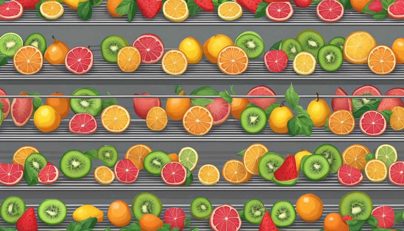 Fresh fruit slices arranged on wire racks inside a preheated oven. Temperature and time settings adjusted for dehydration process