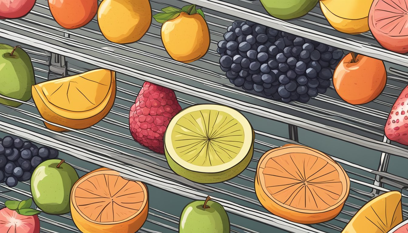 Slices of fruit arranged on wire racks inside a toaster oven, with warm air circulating around them as they slowly dehydrate