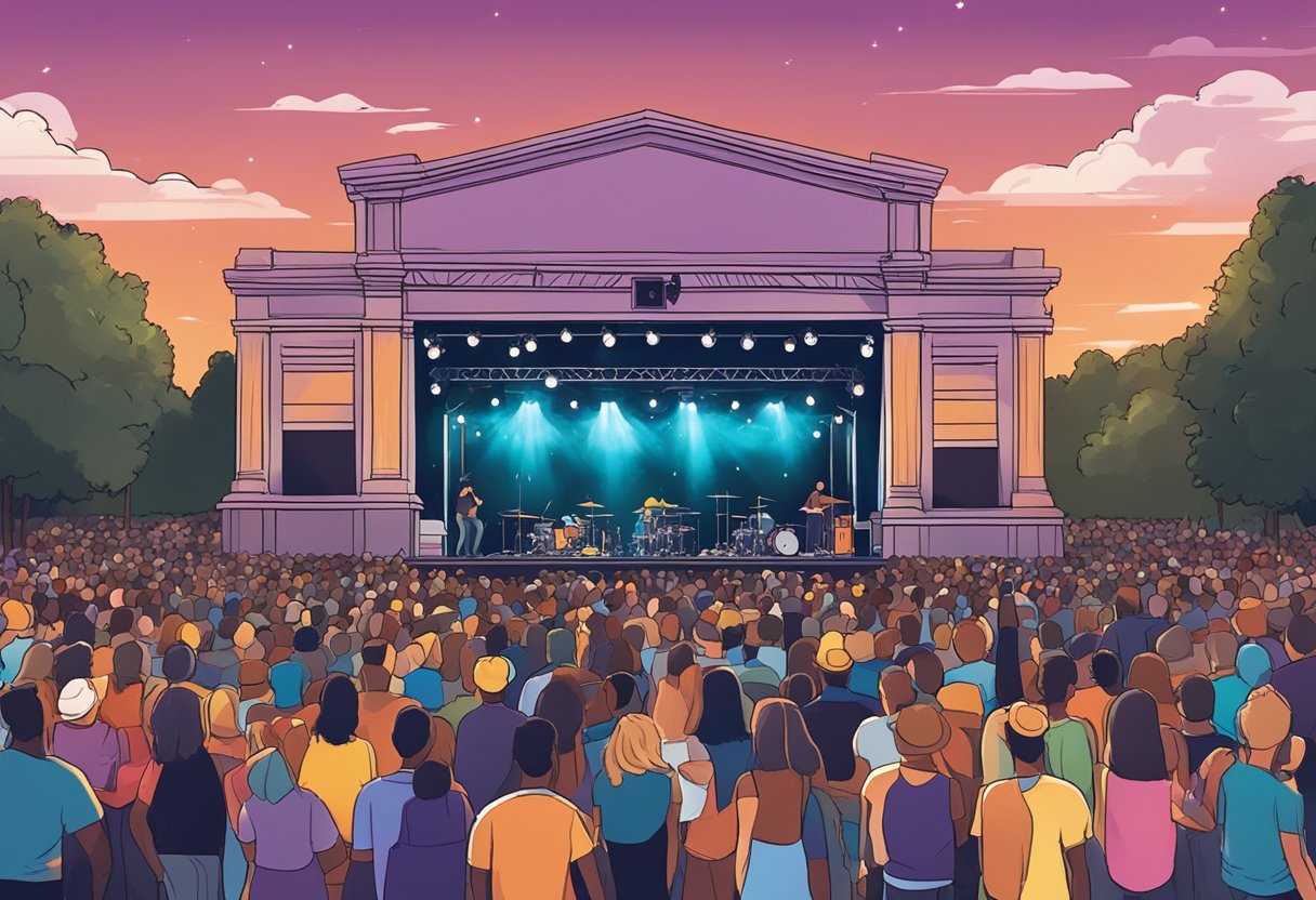 A crowded outdoor concert in Oxford, MS, with a stage and bright lights, surrounded by excited fans