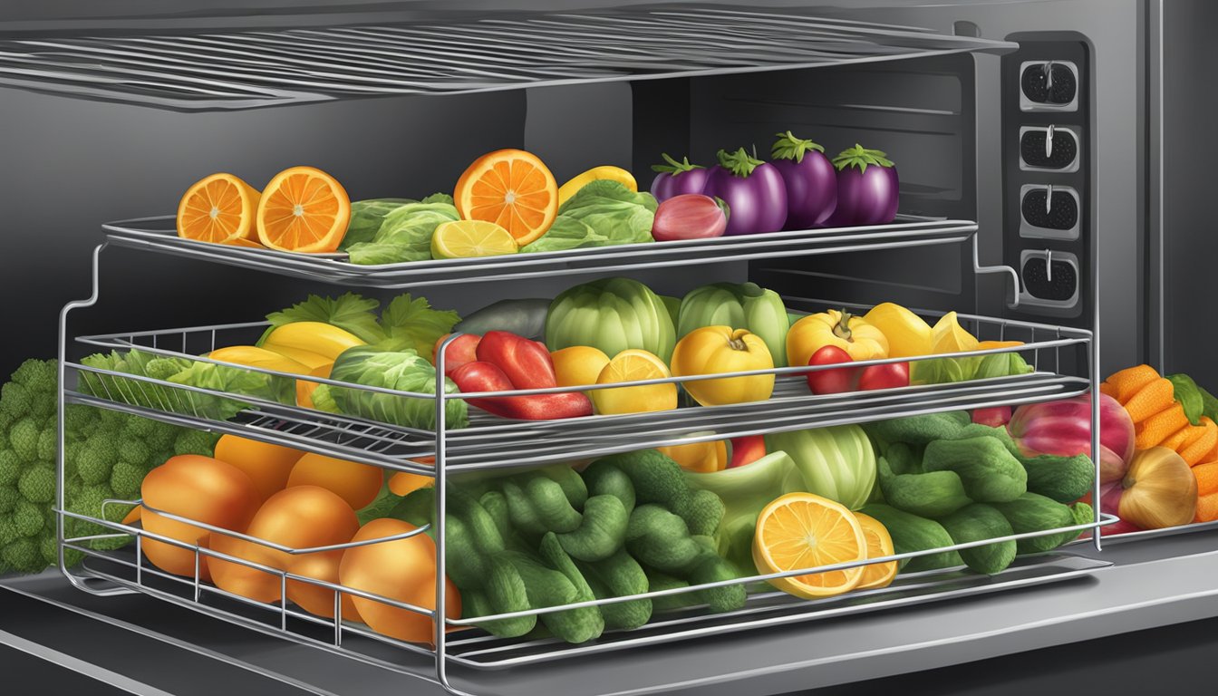 A tray of sliced fruits and vegetables on wire racks inside a hot oven