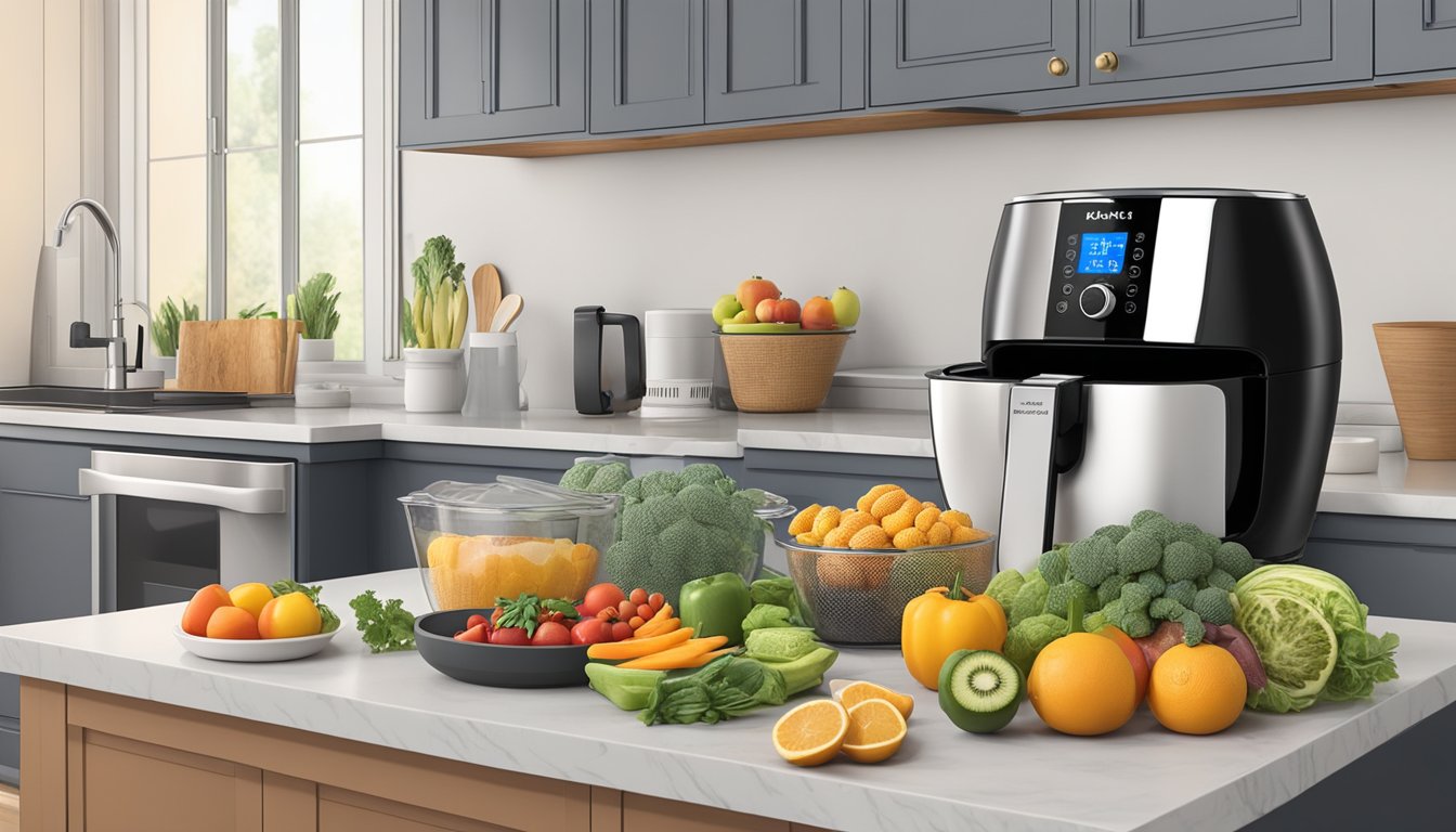 A kitchen counter with an Instant Vortex Plus air fryer set up for dehydrating, surrounded by various fruits and vegetables ready to be dried