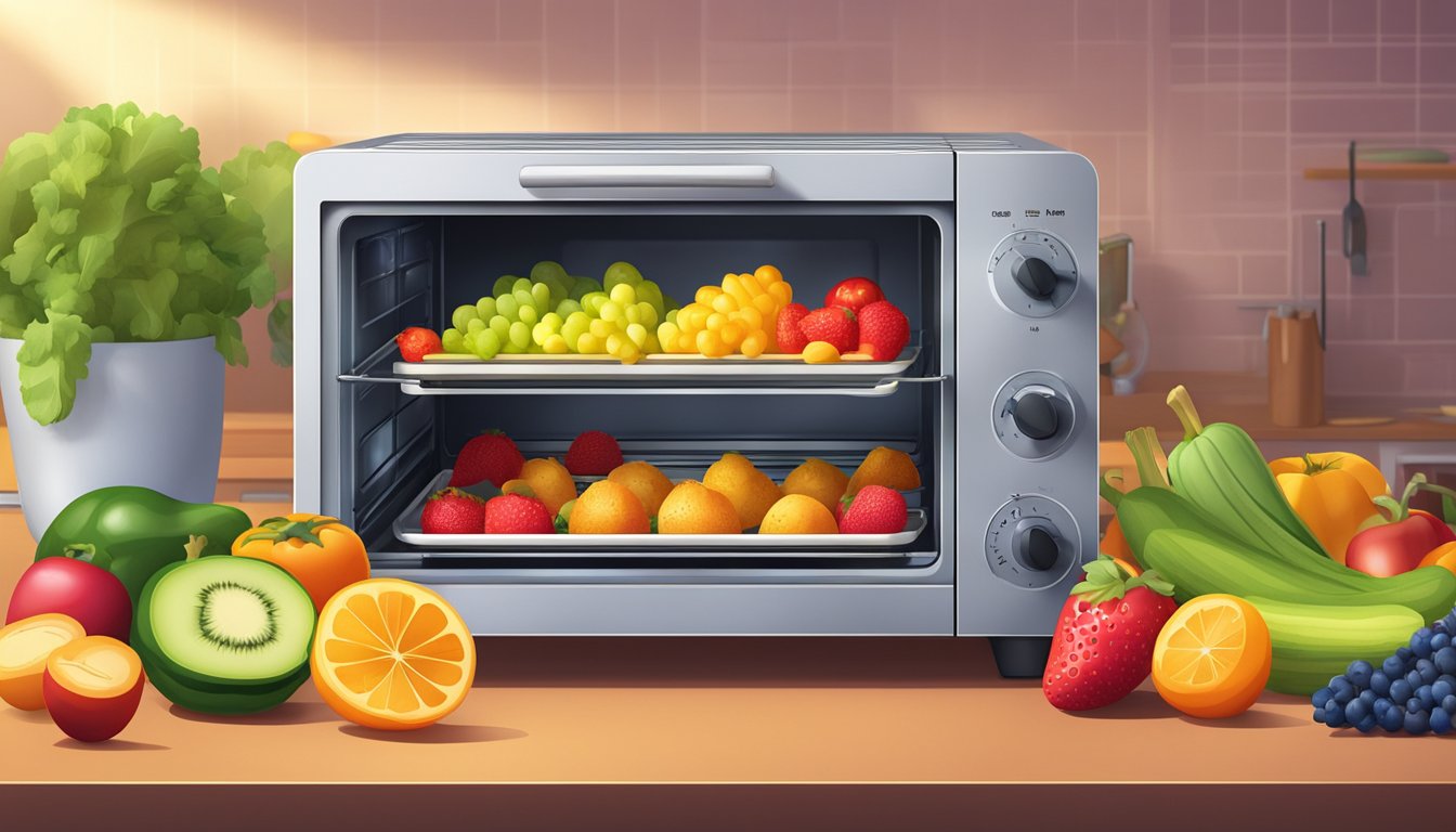 A toaster oven filled with trays of colorful fruits and vegetables, emitting a warm glow as they dehydrate to create a variety of creative and nutritious snacks