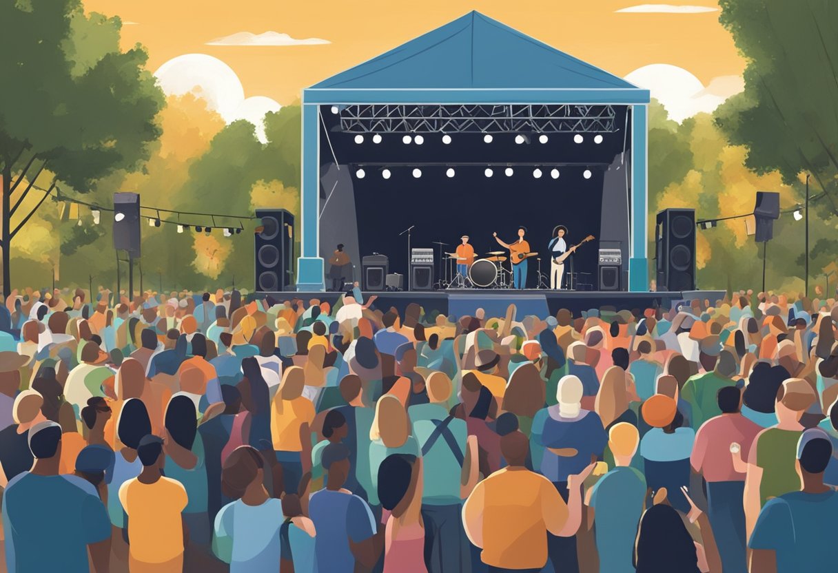 Crowd at outdoor concert in Oxford, MS. Stage with instruments, lights, and banners. Fans cheering and dancing. Security and staff managing the event