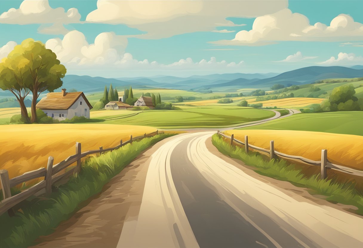 A country road winds through a picturesque rural landscape, leading to a distant town