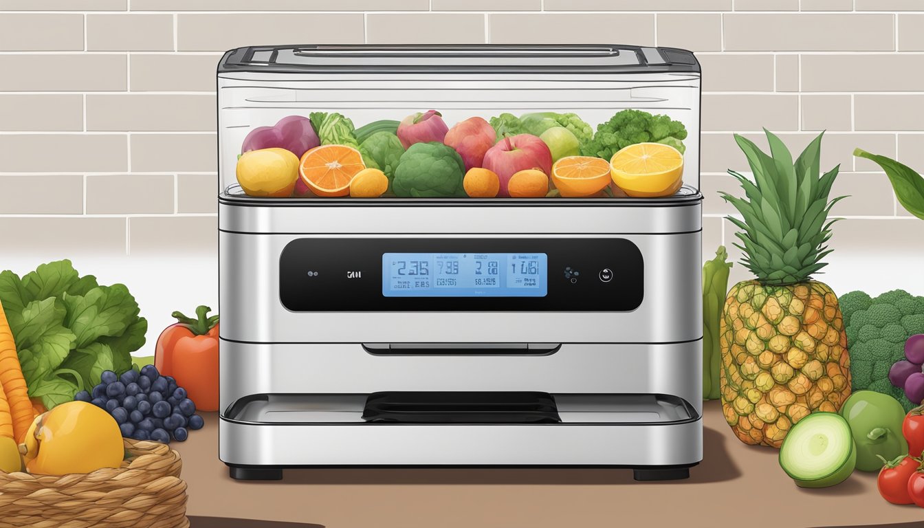 Fresh fruits and vegetables arranged on dehydrator trays inside the Instant Vortex Plus, with the machine's digital display showing the dehydration process in action