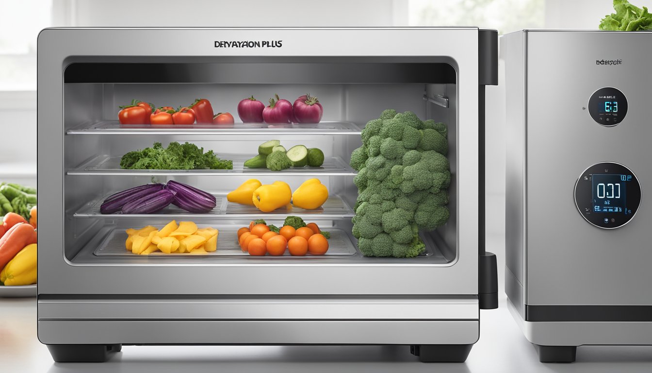 A person places sliced fruits and vegetables on the dehydrator trays inside the Instant Vortex Plus. The machine is plugged in and turned on, with the digital display showing the selected dehydration setting