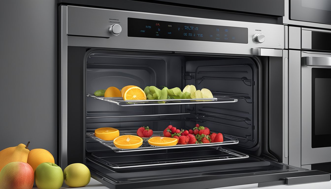 Fresh fruit slices arranged on a wire rack inside a Samsung oven, with the oven door closed and the temperature and timer settings visible on the control panel