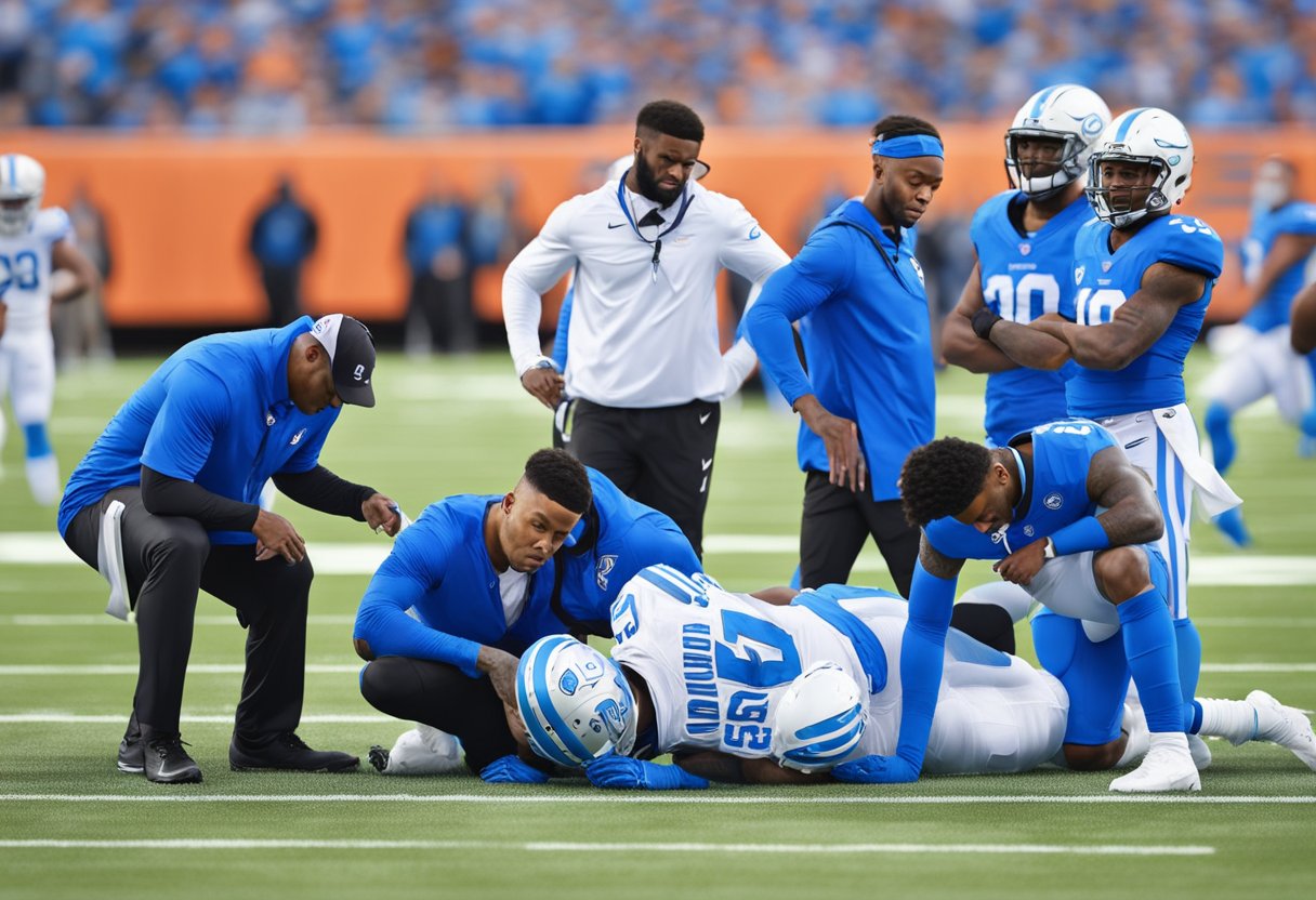 Kenny Golladay injured, surrounded by concerned teammates and medical staff on the football field