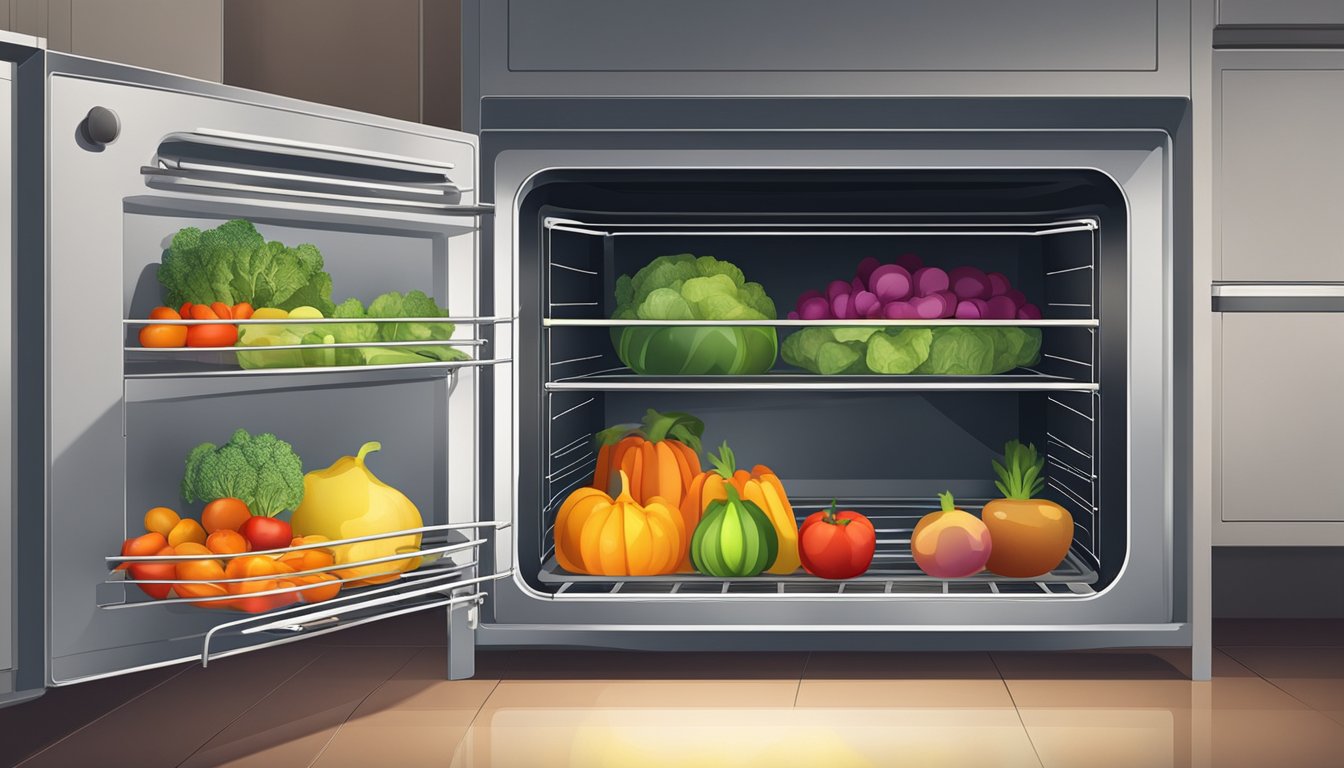 A tray of sliced fruits and vegetables arranged on wire racks inside an open oven, with the oven door slightly ajar and heat waves rising from the produce