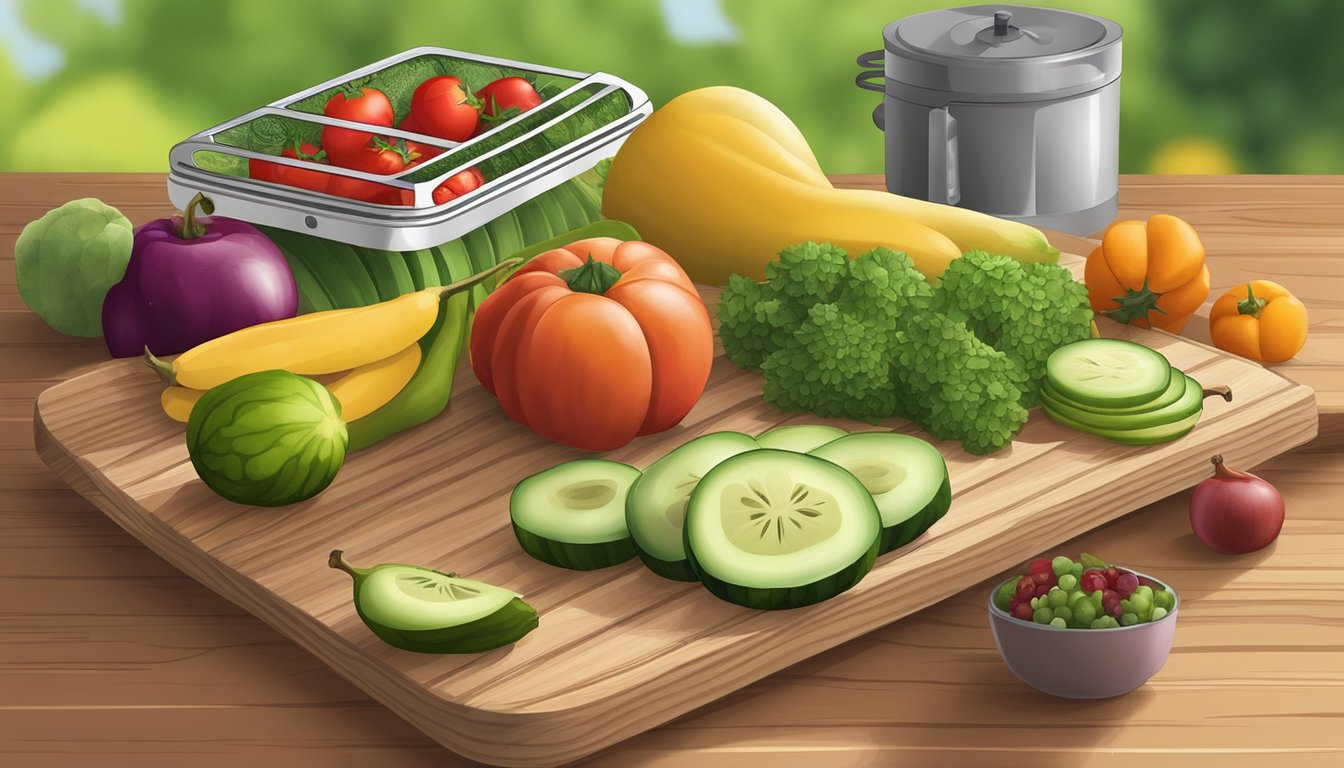 A variety of fruits and vegetables laid out on a wooden cutting board, with a dehydrator in the background